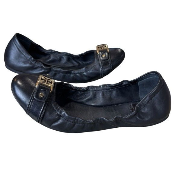 Tory Burch Classic Ambrose Black Leather Logo Ballet Flat Size 8.5M - Picture 4 of 10